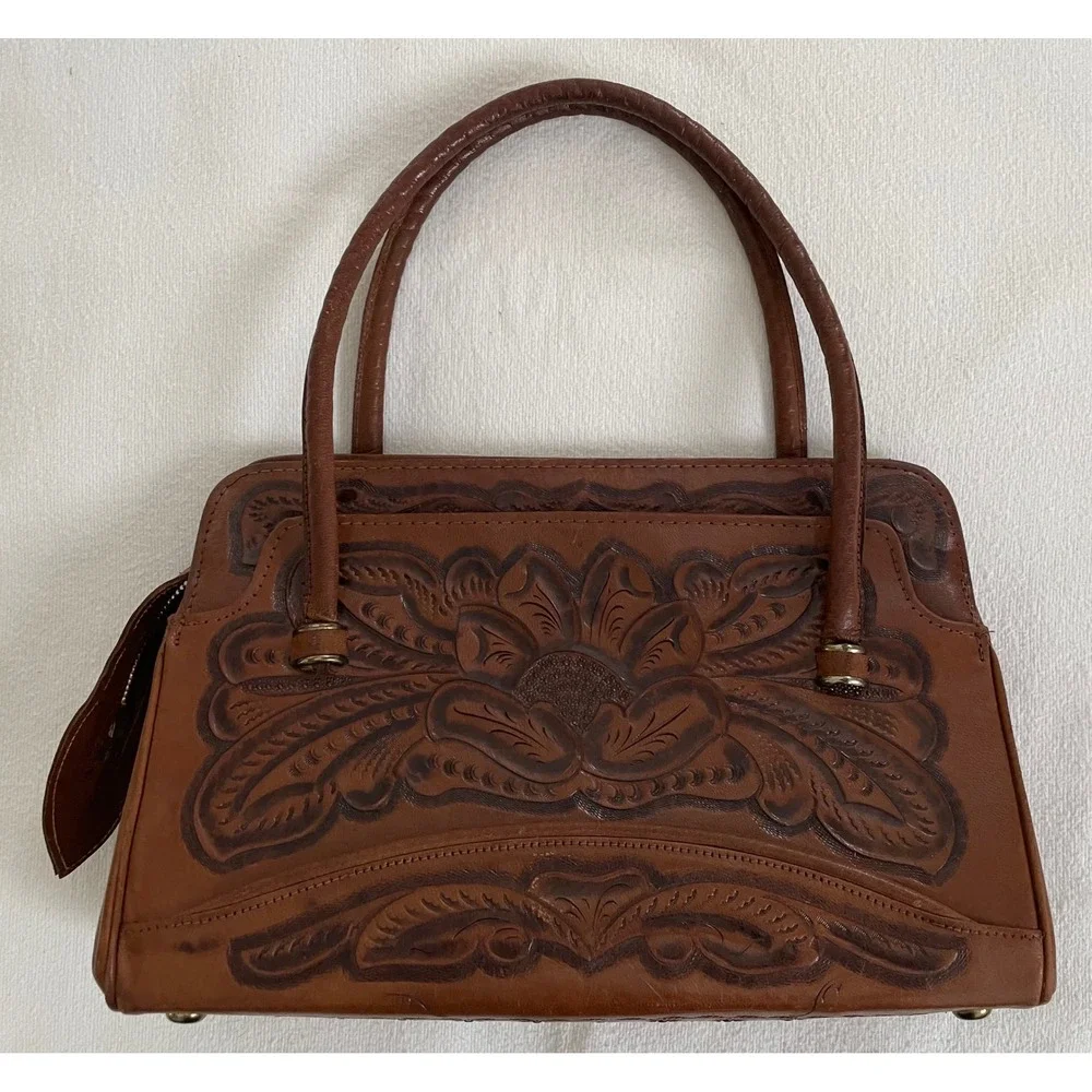 Vtg Mikes MGE Hand Tooled Floral Leather Satchel Bag Brown Western Boho Mexico
